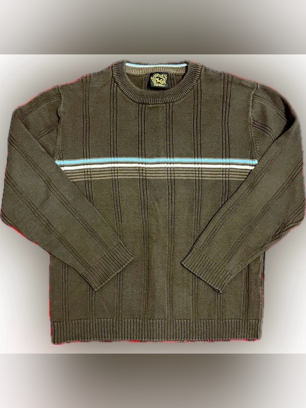 Vintage Olive Crewneck Sweater with Blue Cream Stripes